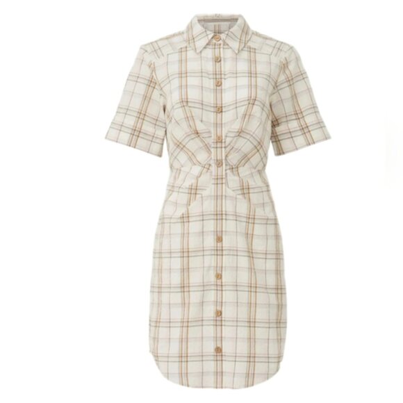 Veronica Beard Shirt Dress Beige Plaid Cotton Short Sleeves Rushed Size Medium Veronica Beard Shirt Dress Beige Plaid Cotton Short Sleeves Rushed Size Medium